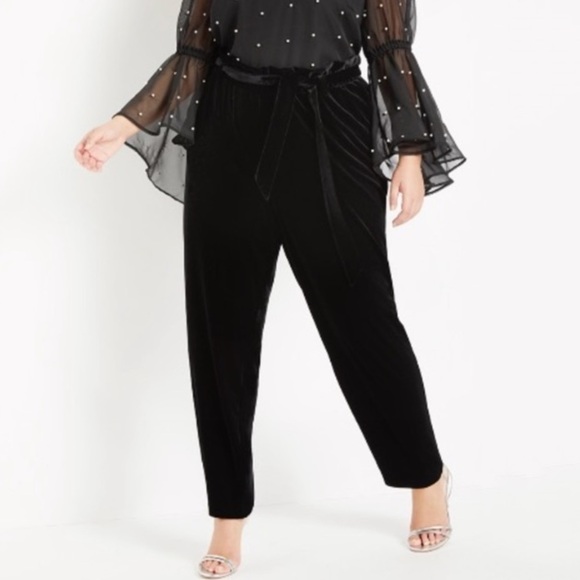 NWT Eloquii Velvet High Waisted Paperbag Pull On Tie Waist Pants In Black - Picture 4 of 8